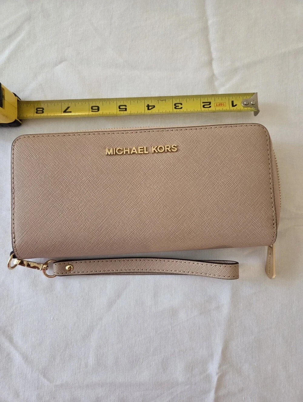 Michael Kors Zip-Around Saffiano Wallet in Beige with Gold Hardware